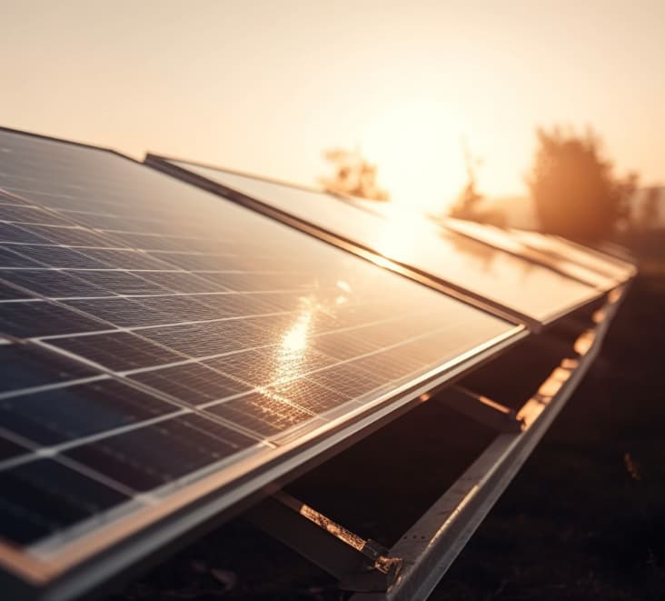 Solar panels generating electricity during sunset with warm sunlight
